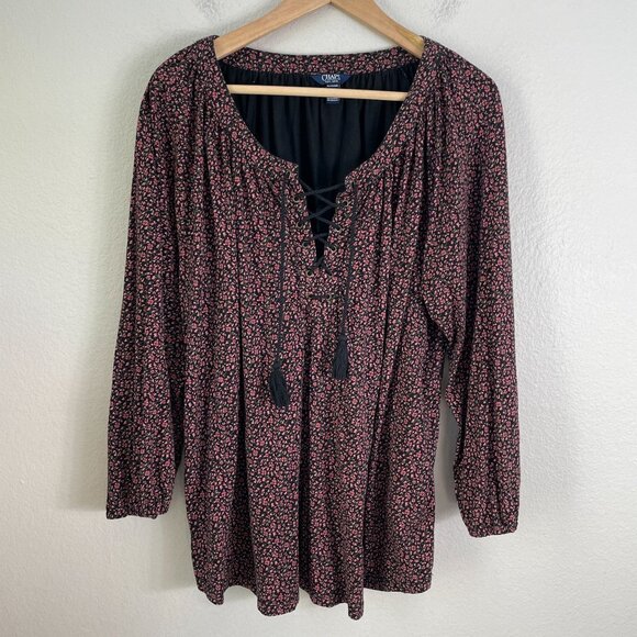 Chaps Womens Plus XXL Floral Lace Up Tassel Peasant Top Boho Blouse Shirt - Picture 7 of 9